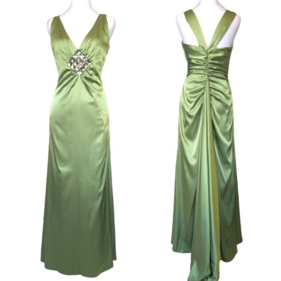 Y2K Green Satin Hoco Dress Jessica McClintock Ruched Back Glam Formal Gown  2000s